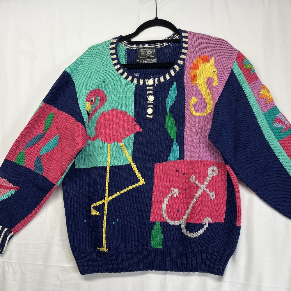 Berek 1988 Hand Knit Blue Marina Flamingo Sweater Size Medium